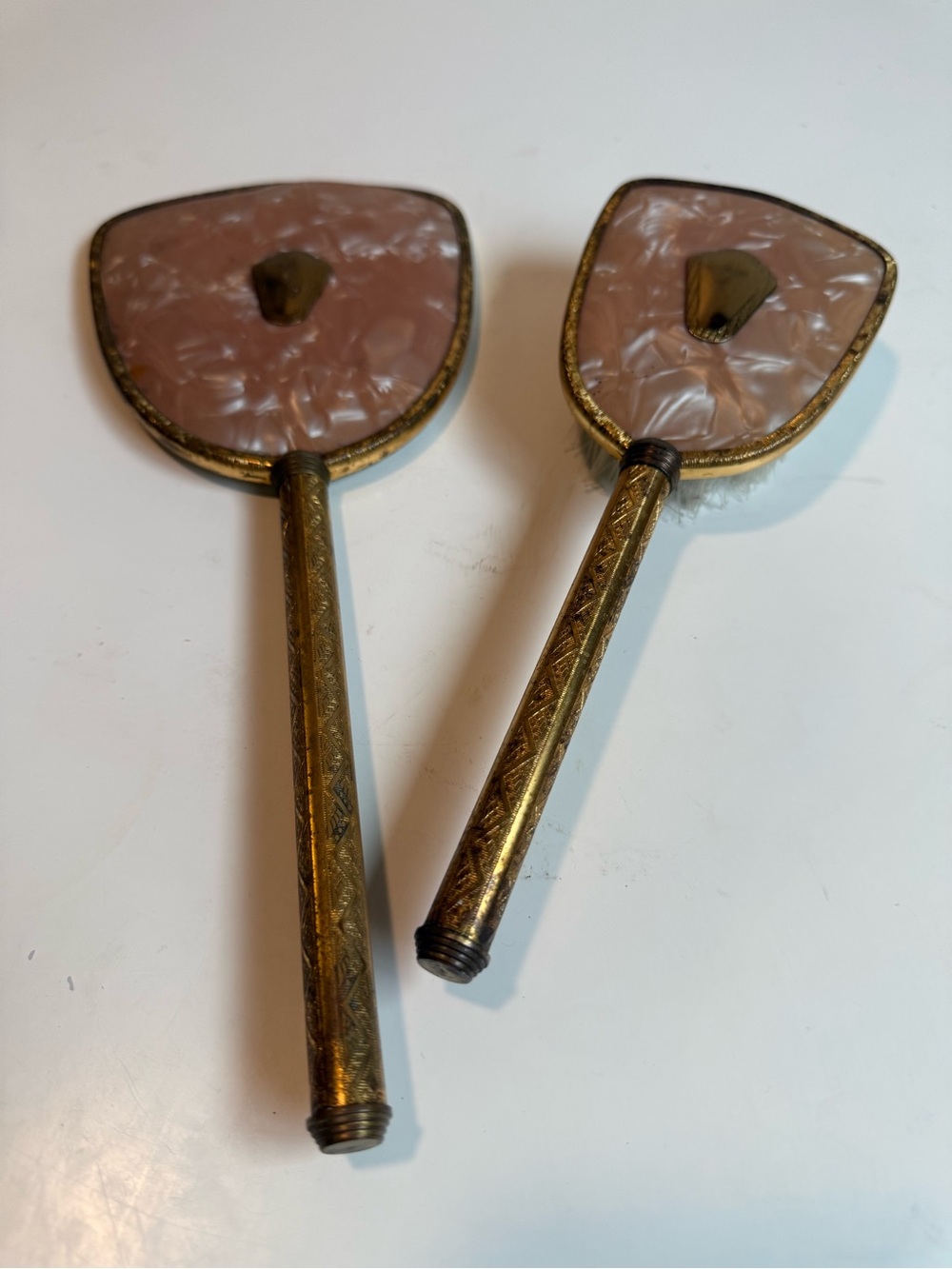 Pair of Pink Brass Hand Mirrors with Pearlized Backs